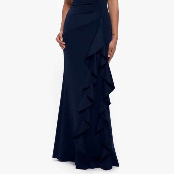 Xscape Navy Blue Ava Off the Shoulder Side Ruffle Evening Gown - Picture 3 of 5
